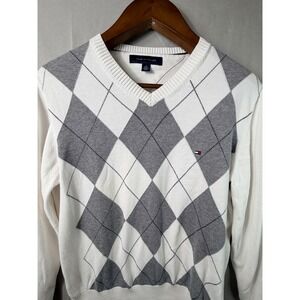 Tommy Hilfiger Mens Sweater White M Argyle V-Neck Long Sleeve Preppy Knit